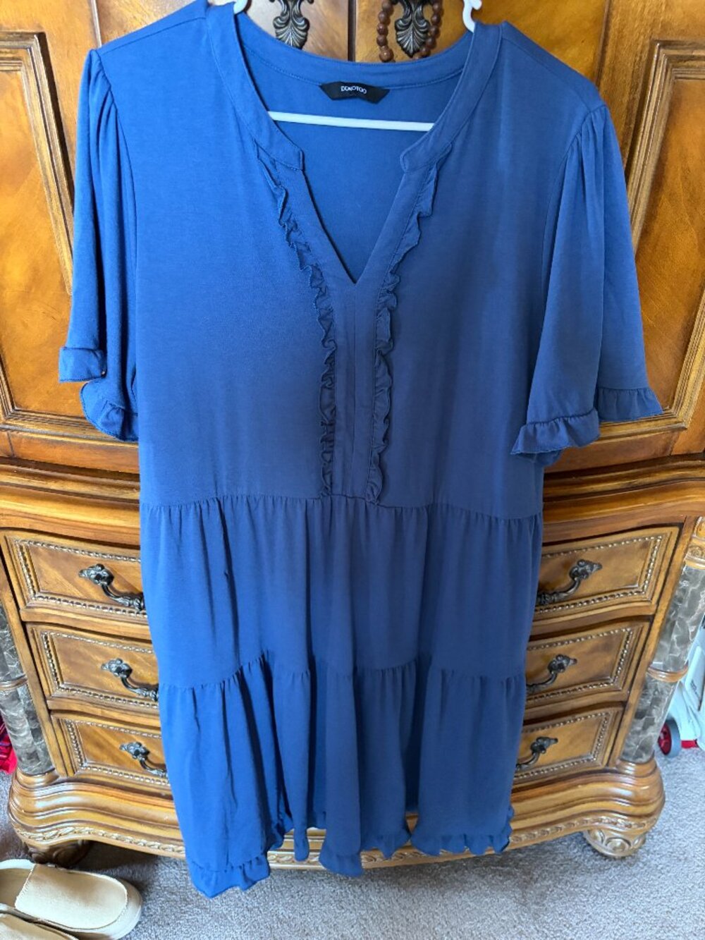 Women's Blue v neck A line short sleeve ruffle babydoll dress, size 2XL